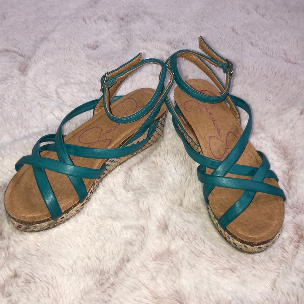 Teal and rainbow girls summer wedge heels